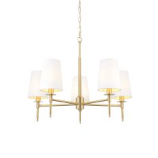 Chao 5 Light E14 Satin Brass Adjustable Pendant With Vintage White Fabric Shades