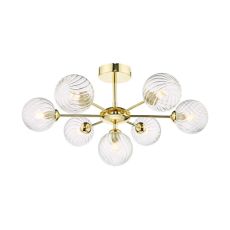 Cohen 7 Light G9 Polished Gold Semi Flush Fitting C/W Clear Twisted Style Closed Glass Shades