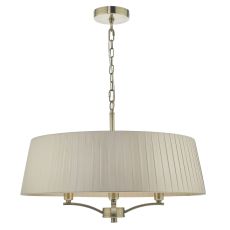 Cristin 4 Light E14 Antique Brass Adjustable Pendant With Taupe Faux Silk Ribbon Shade