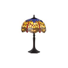 Crown 1 Light Octagonal Table Lamp E27 With 30cm Tiffany Shade, Blue/Orange/Crystal/Aged Antique Brass