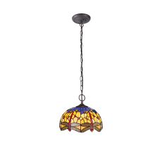 Crown 2 Light Downlighter Pendant E27 With 30cm Tiffany Shade, Blue/Orange/Crystal/Aged Antique Brass