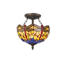 Crown 2 Light Semi Flush E27 With 30cm Tiffany Shade, Blue/Orange/Crystal/Aged Antique Brass