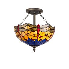 Crown 3 Light Semi Flush E27 With 40cm Tiffany Shade, Blue/Orange/Crystal/Aged Antique Brass