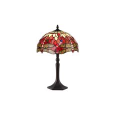 Crown 1 Light Octagonal Table Lamp E27 With 30cm Tiffany Shade, Purple/Pink/Crystal/Aged Antique Brass
