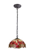 Crown 1 Light Downlighter Pendant E27 With 30cm Tiffany Shade, Purple/Pink/Crystal/Aged Antique Brass