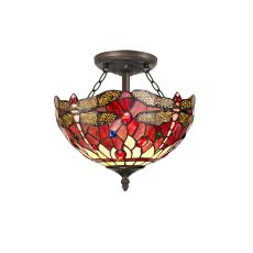 Crown 2 Light Semi Flush E27 With 30cm Tiffany Shade, Purple/Pink/Crystal/Aged Antique Brass