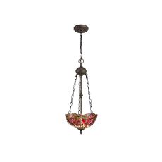 Crown 2 Light Uplighter Pendant E27 With 30cm Tiffany Shade, Purple/Pink/Crystal/Aged Antique Brass