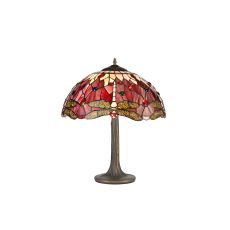 Crown 2 Light Tree Like Table Lamp E27 With 40cm Tiffany Shade, Purple/Pink/Crystal/Aged Antique Brass