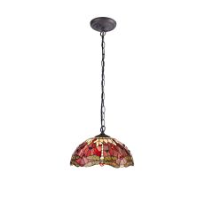 Crown 1 Light Downlighter Pendant E27 With 40cm Tiffany Shade, Purple/Pink/Crystal/Aged Antique Brass