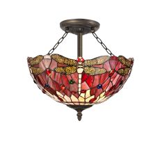 Crown 3 Light Semi Flush E27 With 40cm Tiffany Shade, Purple/Pink/Crystal/Aged Antique Brass