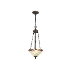 Dareham 2 Light Uplighter Pendant E27 With 30cm Tiffany Shade, Amber/Ccrain/Crystal/Aged Antique Brass