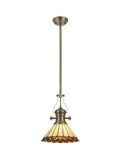 Sonoma 1 Light Pendant E27 With 30cm Tiffany Shade, Antique Brass/Amber/Ccrain/Crystal