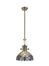 Kaka 1 Light Pendant E27 With 30cm Tiffany Shade, Antique Brass/Blue/Clear Crystal