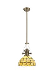 Florence 1 Light Pendant E27 With 30cm Tiffany Shade, Antique Brass/Beige/Clear Crystal
