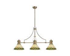 Sonoma 3 Light Linear Pendant E27 With 30cm Tiffany Shade, Antique Brass, Green, Ccrain, Crystal