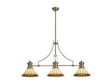 Sonoma 3 Light Linear Pendant E27 With 30cm Tiffany Shade, Antique Brass, Amber, Ccrain, Crystal