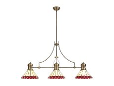 Sonoma 3 Light Linear Pendant E27 With 30cm Tiffany Shade, Antique Brass, Red, Ccrain, Crystal