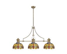 Crown 3 Light Linear Pendant E27 With 30cm Tiffany Shade, Antique Brass, Blue, Orange, Crystal