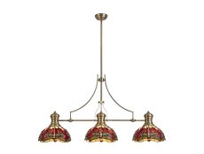 Crown 3 Light Linear Pendant E27 With 30cm Tiffany Shade, Antique Brass, Purple, Pink, Crystal