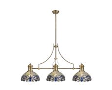 Kaka 3 Light Linear Pendant E27 With 30cm Tiffany Shade, Antique Brass, Blue, Clear Crystal