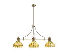 Florence 3 Light Linear Pendant E27 With 30cm Tiffany Shade, Antique Brass, Beige, Clear Crystal