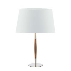 Detroit 1 Light E27 Satin Nickel With Walnut Detail Table Lamp With Inline Switch C/W Cezanne White Faux Silk Tapered 35cm Drum Shade