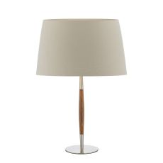 Detroit 1 Light E27 Satin Nickel With Walnut Detail Table Lamp With Inline Switch C/W Cezanne Taupe Faux Silk Tapered 35cm Drum Shade