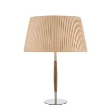 Detroit 1 Light E27 Satin Nickel With Walnut Detail Table Lamp With Inline Switch C/W Lyzette Taupe Faux Silk Tapered 36cm Drum Shade