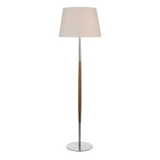 Detroit 1 Light E27 Satin Nickel With Walnut Detail Floor Lamp With Inline Foot Switch C/W Puscan Cream Cotton Tapered 45cm Drum Shade