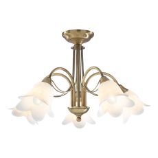 Doublet 5 Light E14 Antique Brass Semi Flush Fitting With Opaque Alabaster Glass Shades