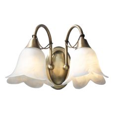Doublet 2 Light E14 Antique Brass Wall Light With Pull Switch C/W Opaque Alabaster Glass Shades