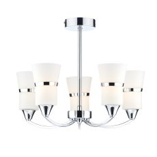 Dublin 5 Light E14 20W LED Bulbs Included Polished Chrome Semi Flush Fitting With Opal Glass Shades