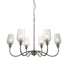 Artis 6 Light E14 Bright Nickel Adjustable Pendant With Twisted Grey Fabric Cable & Clear Blown Glass Shades