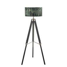 Easel 1 Light E27 Adjustable Height Tripod Floor Lamp Black C/W Bamboo Green Leaf Cotton 49cm Drum Shade