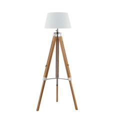 Easel 1 Light E27 Hight Adjustable Tripod Floor Lamp Light Wood With Polished Chrome C/W Cezanne White Faux Silk Tapered 45cm Drum Shade