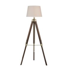 Easel 1 Light E27 Height Adjustable Tripod Floor Lamp Dark Wood With Antique Brass C/W Puscan Cream Cotton Tapered 45cm Drum Shade