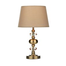 Edith 1 Light E14 Antique Brass 3 Stage Touch Table Lamp With Faceted Crystal C/W Taupe Faux Silk Tapered Drum Shade