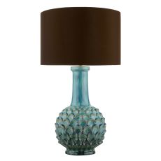 Edlyn 1 Light E27 Blue Reactive Glaze With Antique Brass Detail With Inline Switch C/W Eldon E27 Brown Faux Silk 38cm Drum Shade