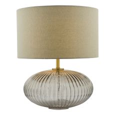 Edmond 1 Light E27 Antique Brass Table Lamp With Inline Switch C/W Smoked Ribbed Glass Base