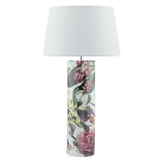 Elana 1 Light E27 Tropical Print Ceramic Table Lamp With Inline Switch C/W Cezanne White Faux Silk Tapered 40cm Drum Shade