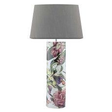 Elana 1 Light E27 Tropical Print Ceramic Table Lamp With Inline Switch C/W Cezanne Grey Faux Silk Tapered 40cm Drum Shade