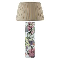 Elana 1 Light E27 Tropical Print Ceramic Table Lamp With Inline Switch C/W Degas Taupe Faux Silk Tapered 40cm Drum Shade