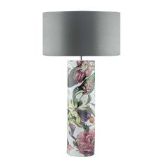 Elana 1 Light E27 Tropical Print Ceramic Table Lamp With Inline Switch C/W Hilda Grey Faux Silk 40cm Drum Shade