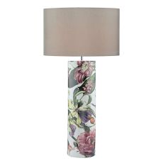 Elana 1 Light E27 Tropical Print Ceramic Table Lamp With Inline Switch C/W Puscan Taupe Faux Silk 39cm Drum Shade