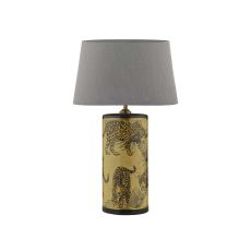 Eliza 1 Light E27 Leopard Motif In Gold Table Lamp With In-line Switch C/W Cezanne Grey Faux Silk Tapered 35cm Drum Shade