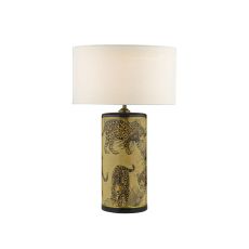 Eliza 1 Light E27 Leopard Motif In Gold Table Lamp With In-line Switch C/W Pyramid White Linen 35cm Drum Shade