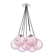 Elpis 7 Light G9 Polished Chrome Cluster Pendant C/W Pink Dimpled Glass Shades