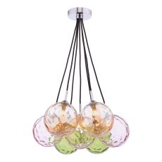 Elpis 7 Light G9 Polished Chrome Cluster Pendant C/W Pink, Amber & Green Dimpled Glass Shades