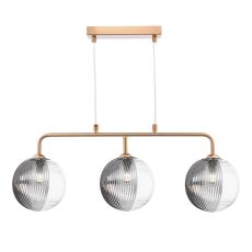 Feya 3 Light G9 Antique Bronze Adjustable Linear Bar Pendant C/W 15cm Smoked & Clear Ribbed Glass Shades