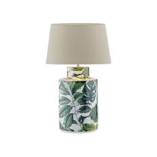 Filip 1 Light E27 Green Leaf Print Table Lamp With Inline Switch C/W Cezanne Taupe Faux Silk Tapered 35cm Drum Shade